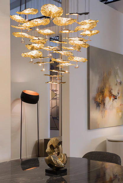 Gold brass aviary constellation chandelier with moon and star design, hanging light fixture by korewolamp.