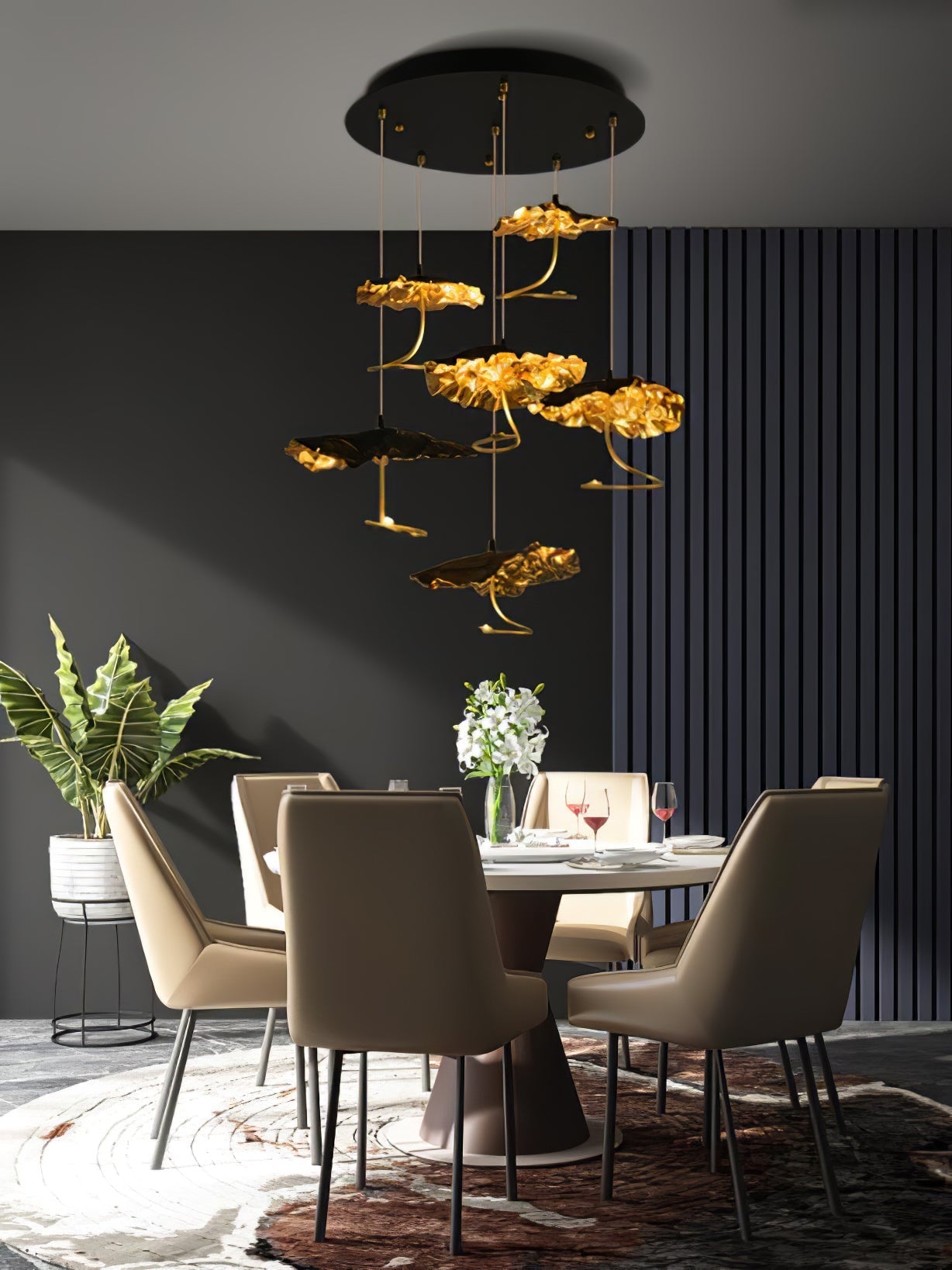 Gold brass aviary constellation chandelier with moon-shaped design by Korewolamp, featuring intricate metallic branches and celestial accents.