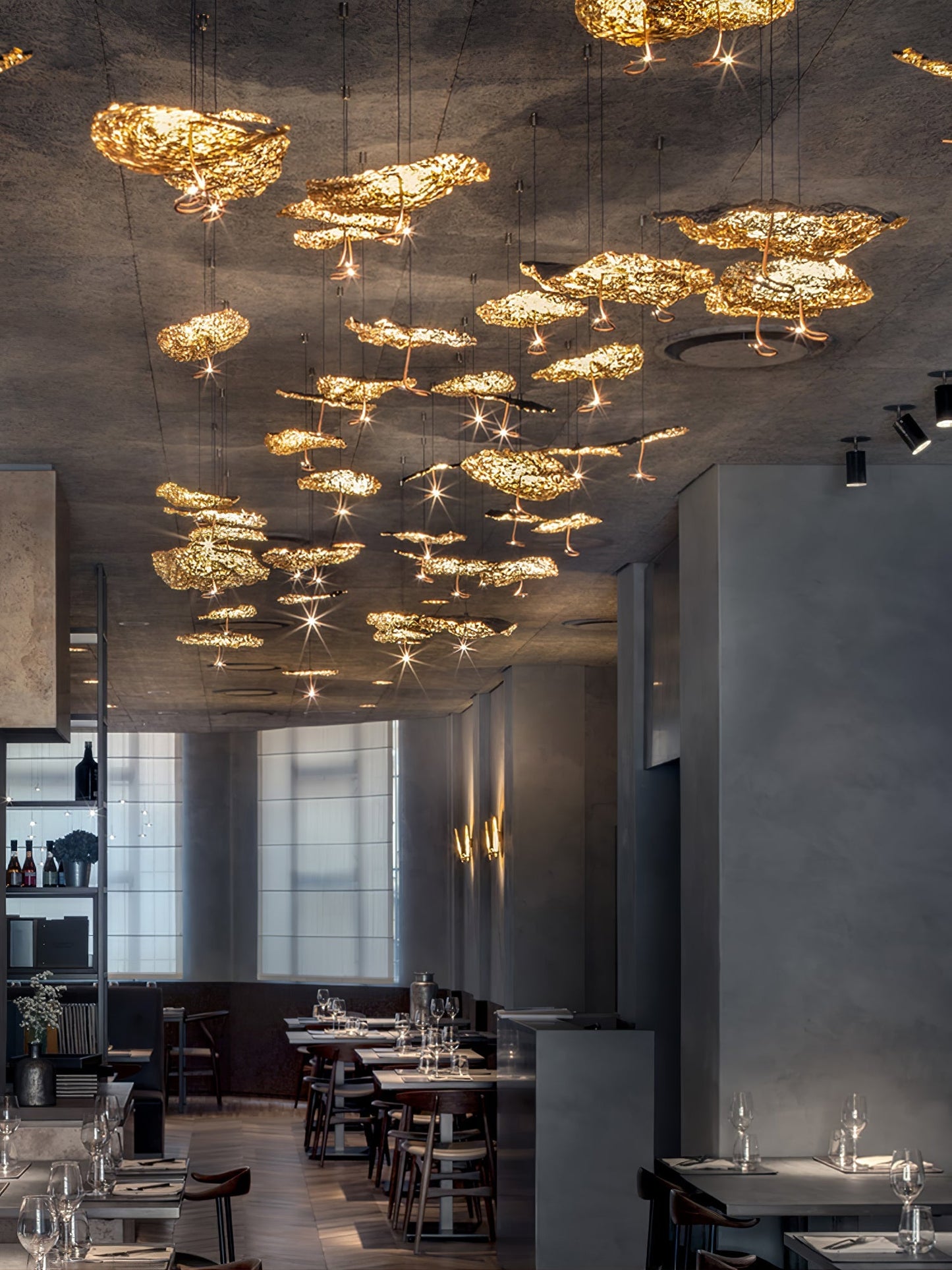 Gold brass aviary constellation chandelier with moon and star motifs, decorative lighting fixture by korewolamp.