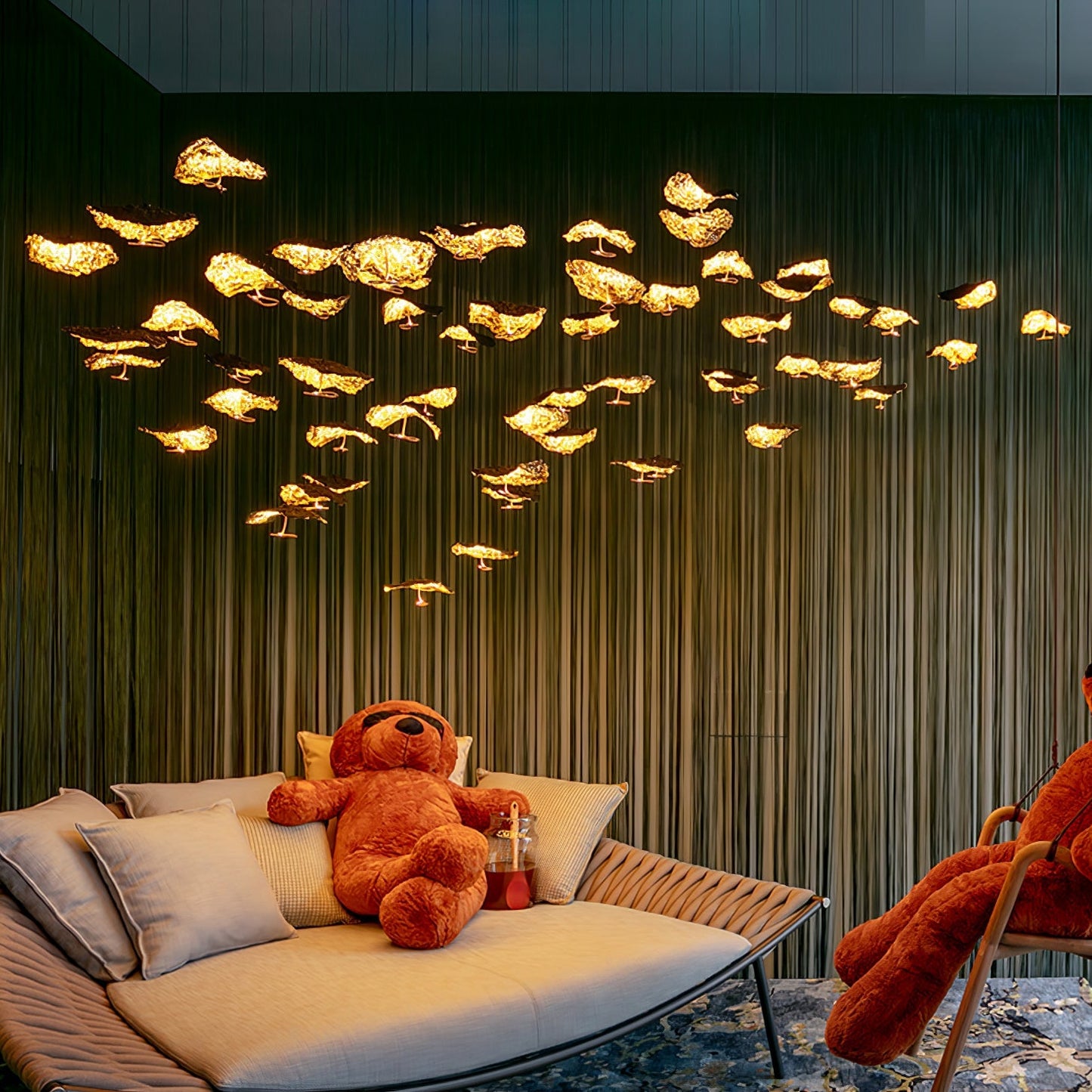 Gold brass aviary constellation chandelier with moon design by korewolamp, featuring intricate bird and star details.