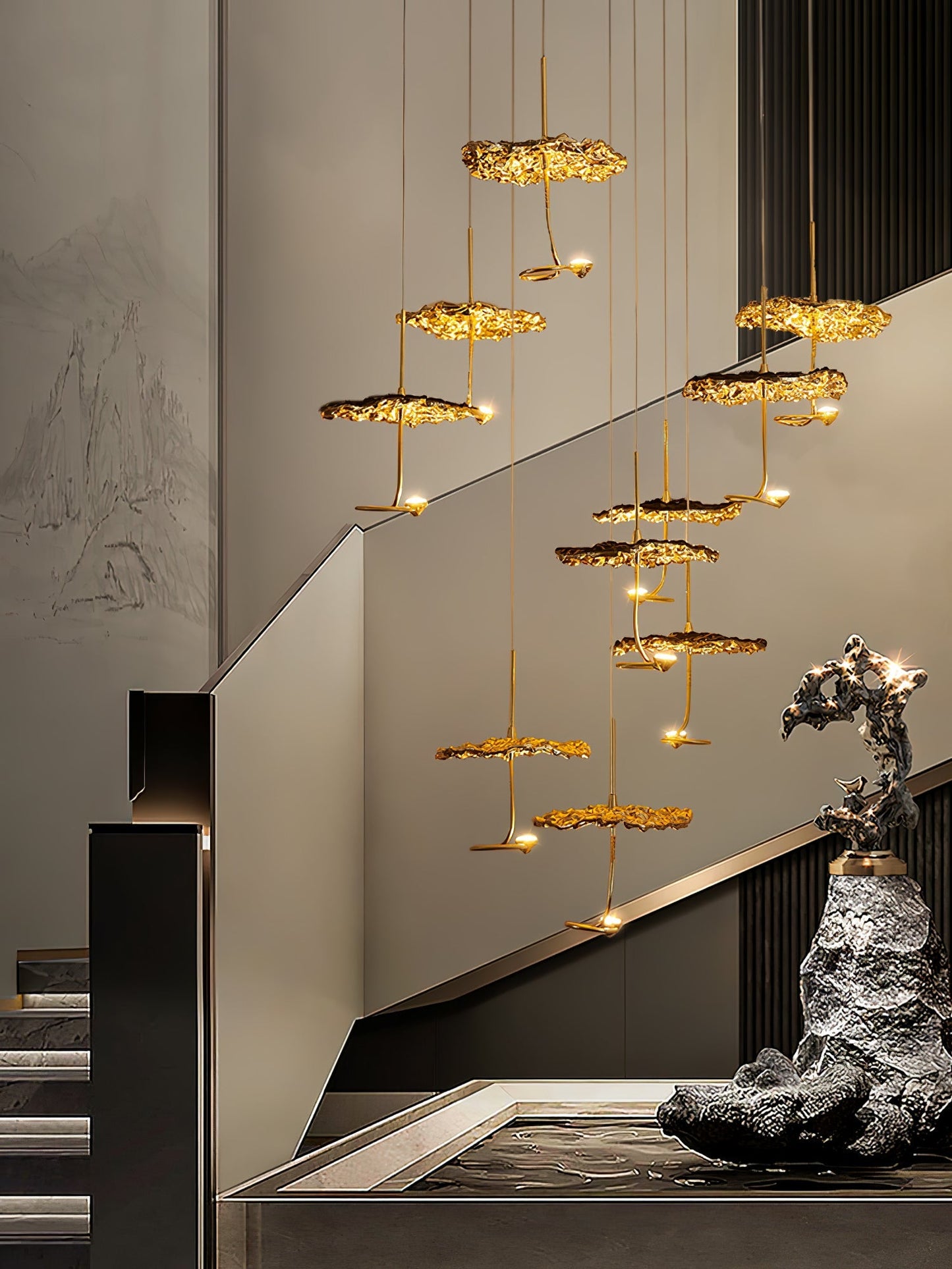 Gold brass aviary constellation chandelier with moon design by korewolamp, featuring intricate star and moon-shaped elements.