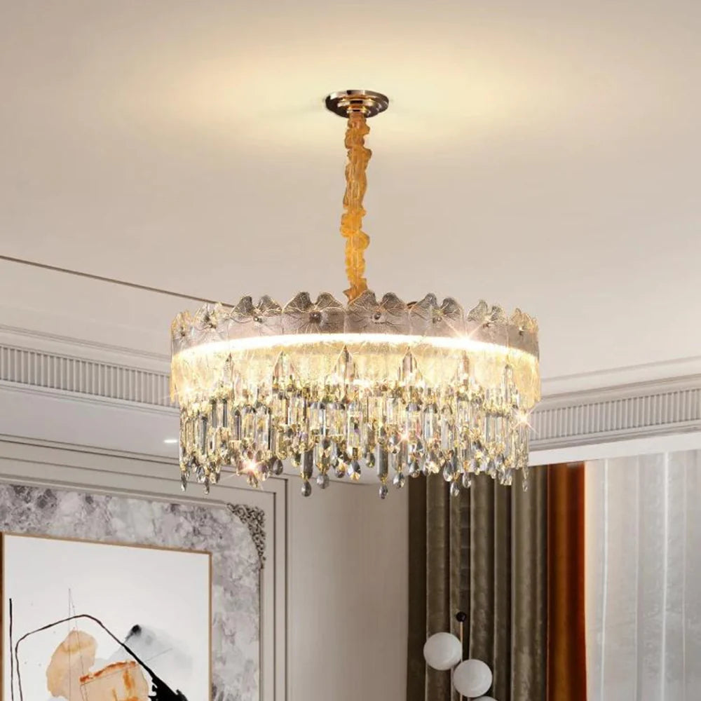 Golden Lotus Leaf Round Crystal Chandelier - Nuvé