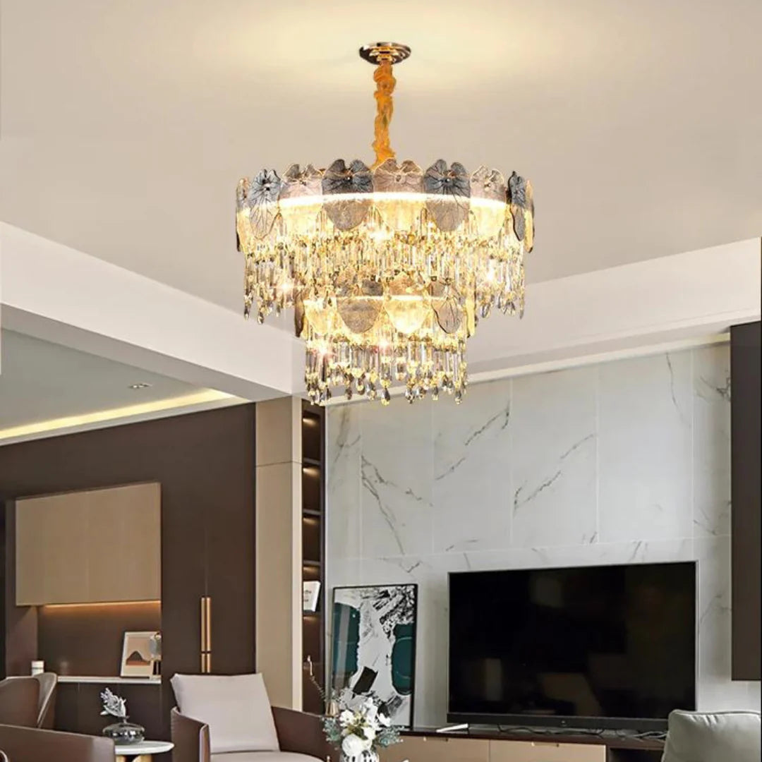 Golden Lotus Leaf Round Crystal Chandelier - Nuvé