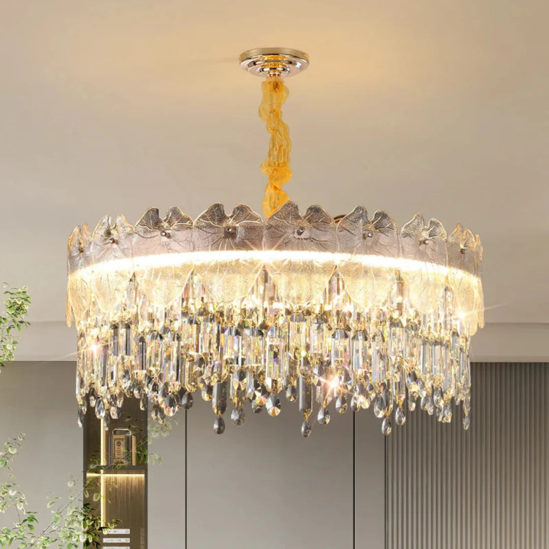Golden Lotus Leaf Round Crystal Chandelier - Nuvé