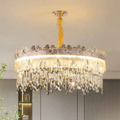 Golden Lotus Leaf Round Crystal Chandelier - Nuvé