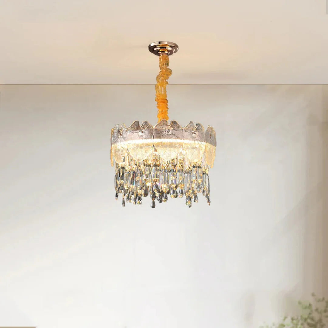 Golden Lotus Leaf Round Crystal Chandelier - Nuvé