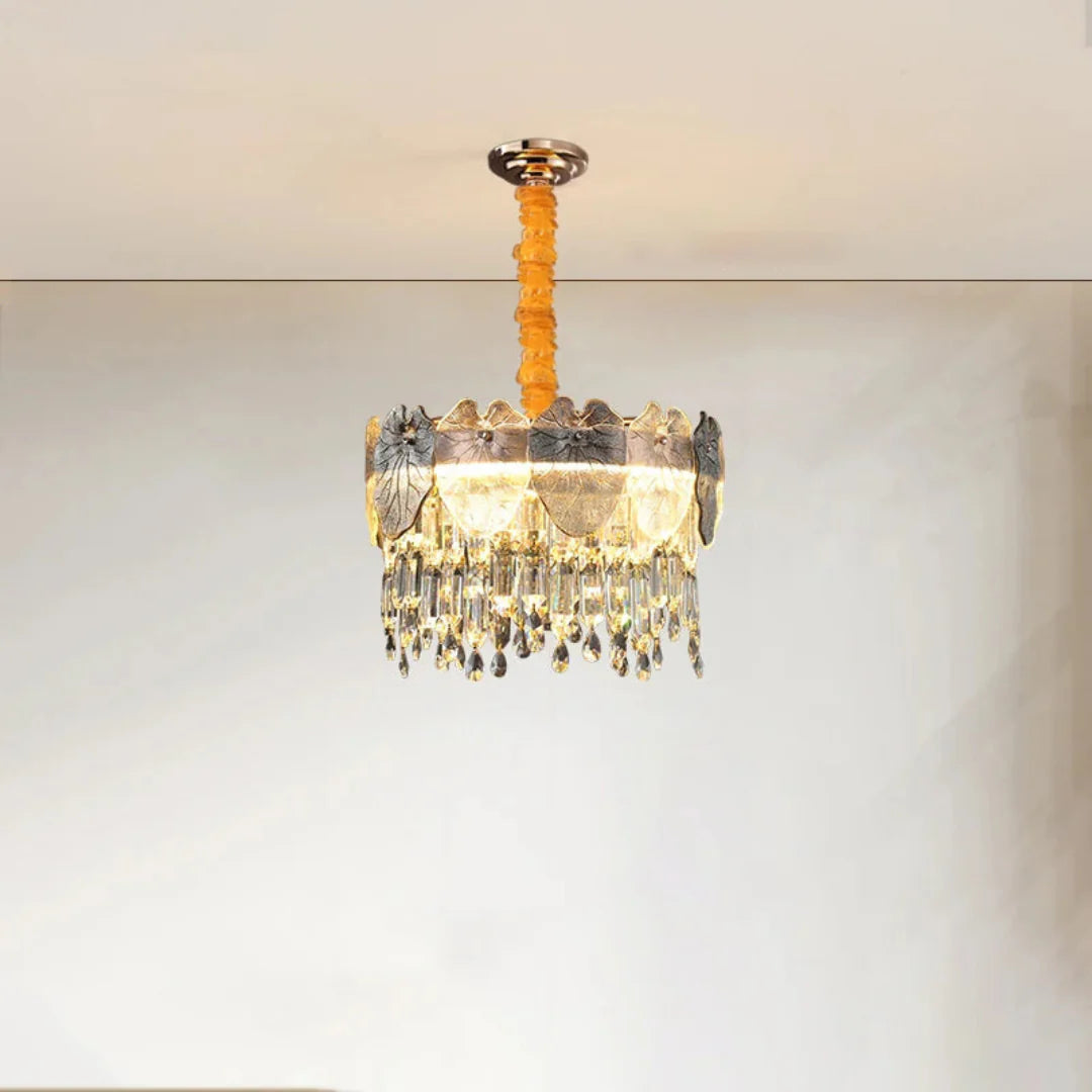 Golden Lotus Leaf Round Crystal Chandelier - Nuvé