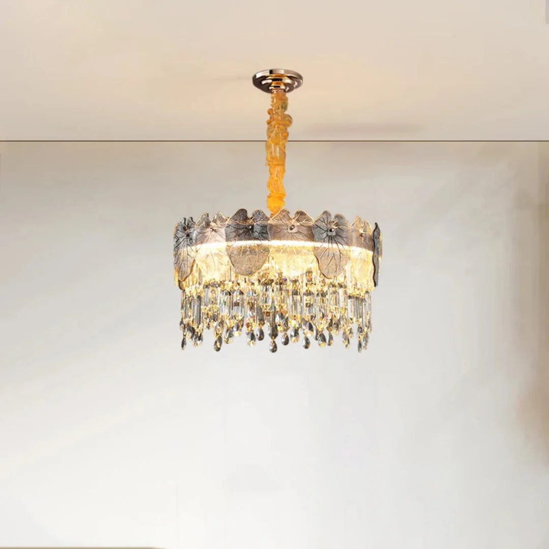 Golden Lotus Leaf Round Crystal Chandelier - Nuvé