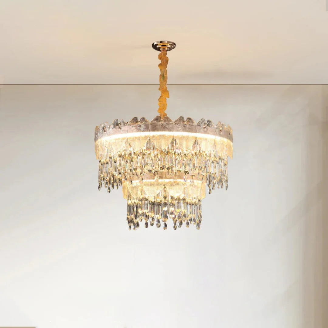 Golden Lotus Leaf Round Crystal Chandelier - Nuvé