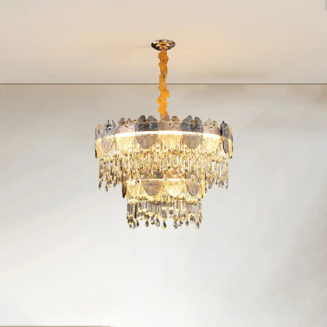 Golden Lotus Leaf Round Crystal Chandelier - Nuvé