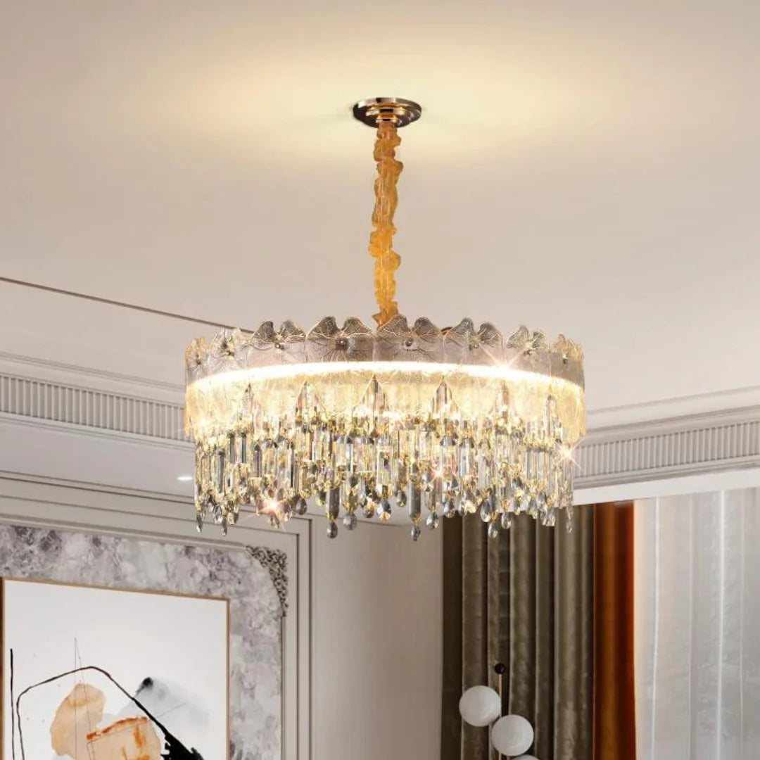 Golden Lotus Leaf Round Crystal Chandelier - Nuvé
