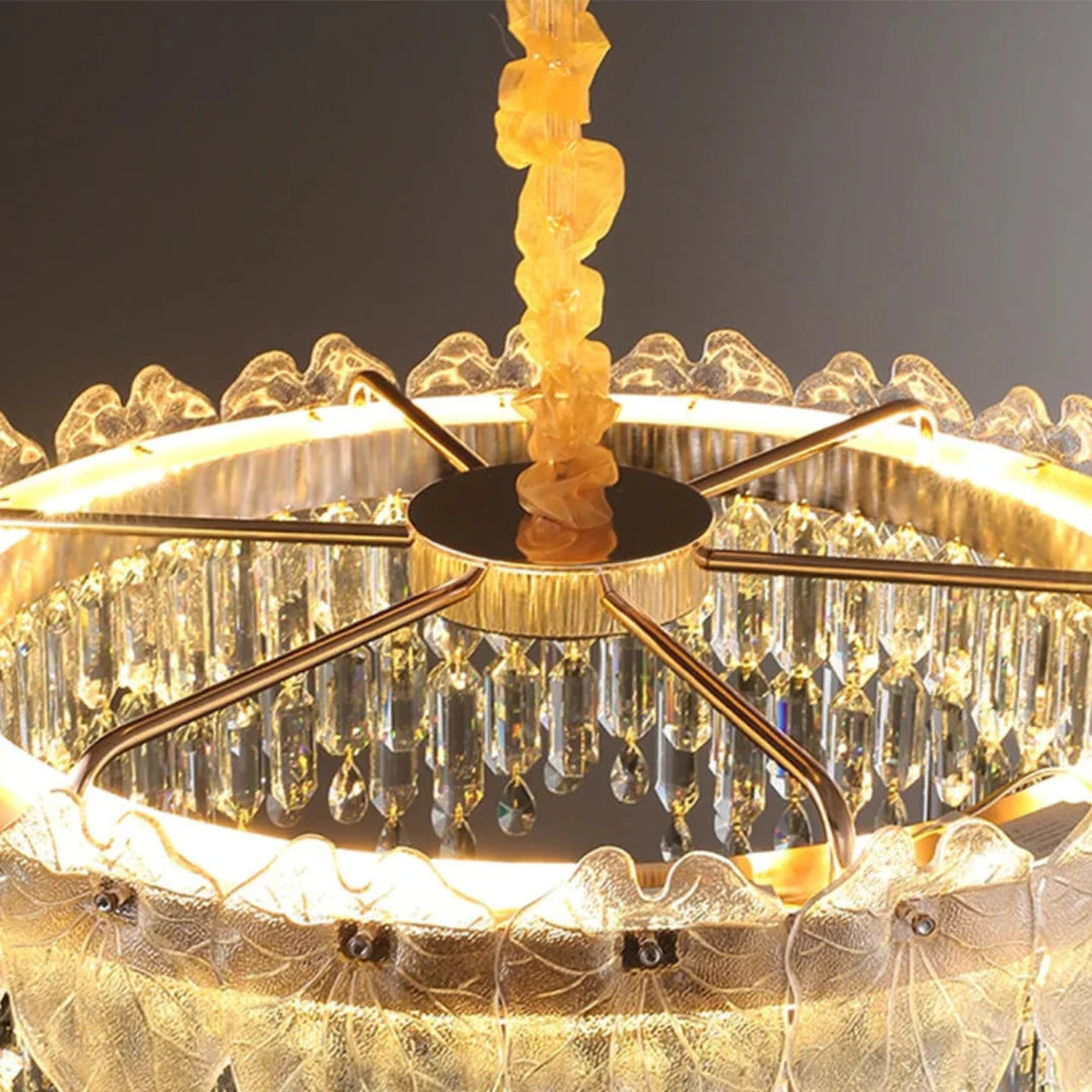 Golden Lotus Leaf Round Crystal Chandelier - Nuvé