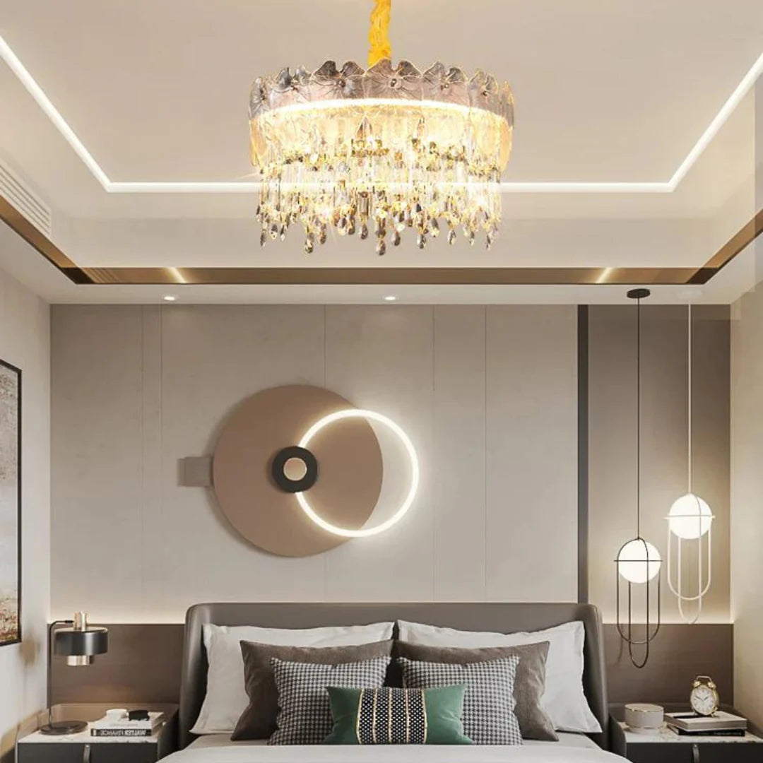 Golden Lotus Leaf Round Crystal Chandelier - Nuvé