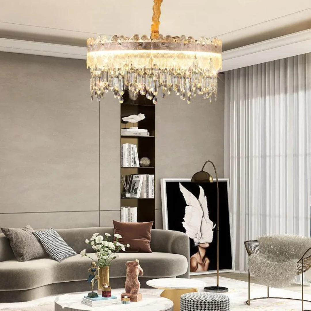 Golden Lotus Leaf Round Crystal Chandelier - Nuvé