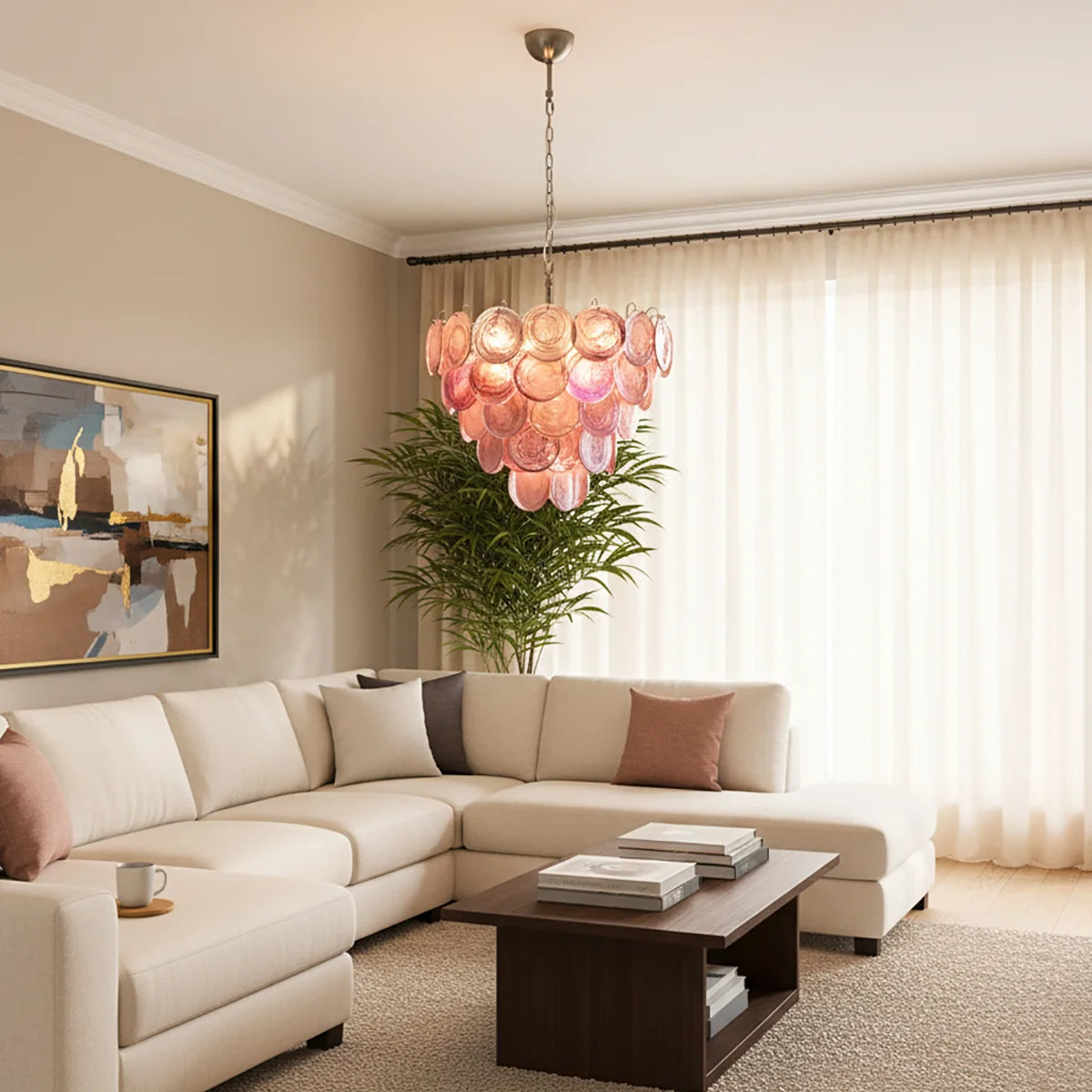 Amaris Swirled Disc Pink Glass Chandelier