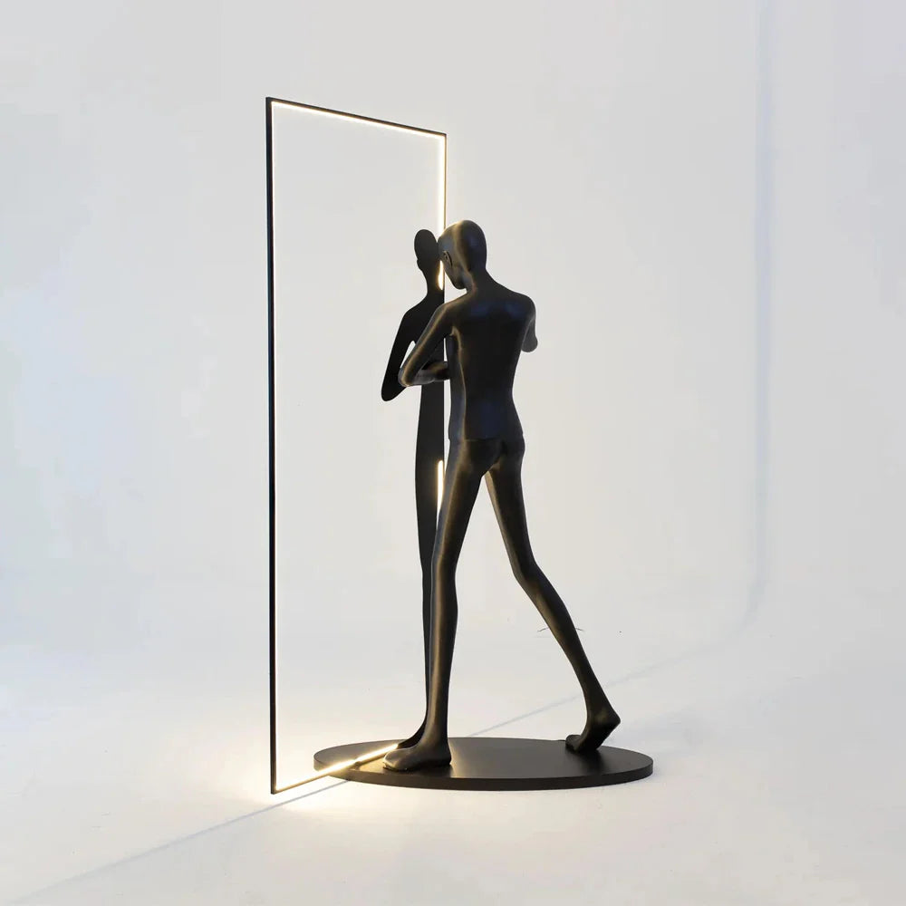 Korewolamp human mirror sculpture floor lamp with sleek design, featuring a reflective mirror-like surface and modern floor lamp style.