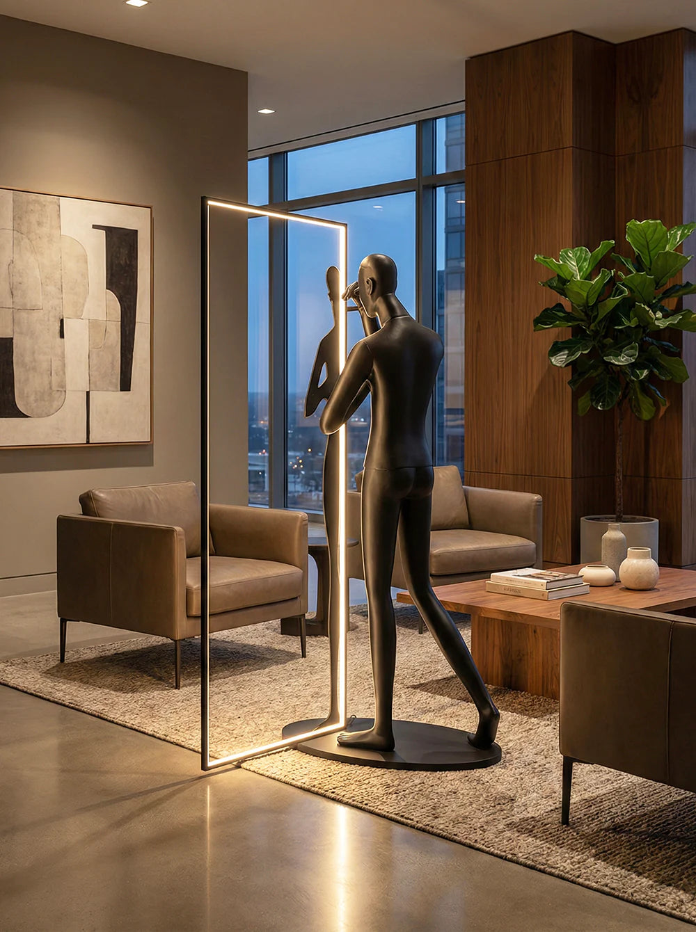 Korewolamp human mirror sculpture floor lamp with modern design, featuring a reflective mirror finish and sleek stand.