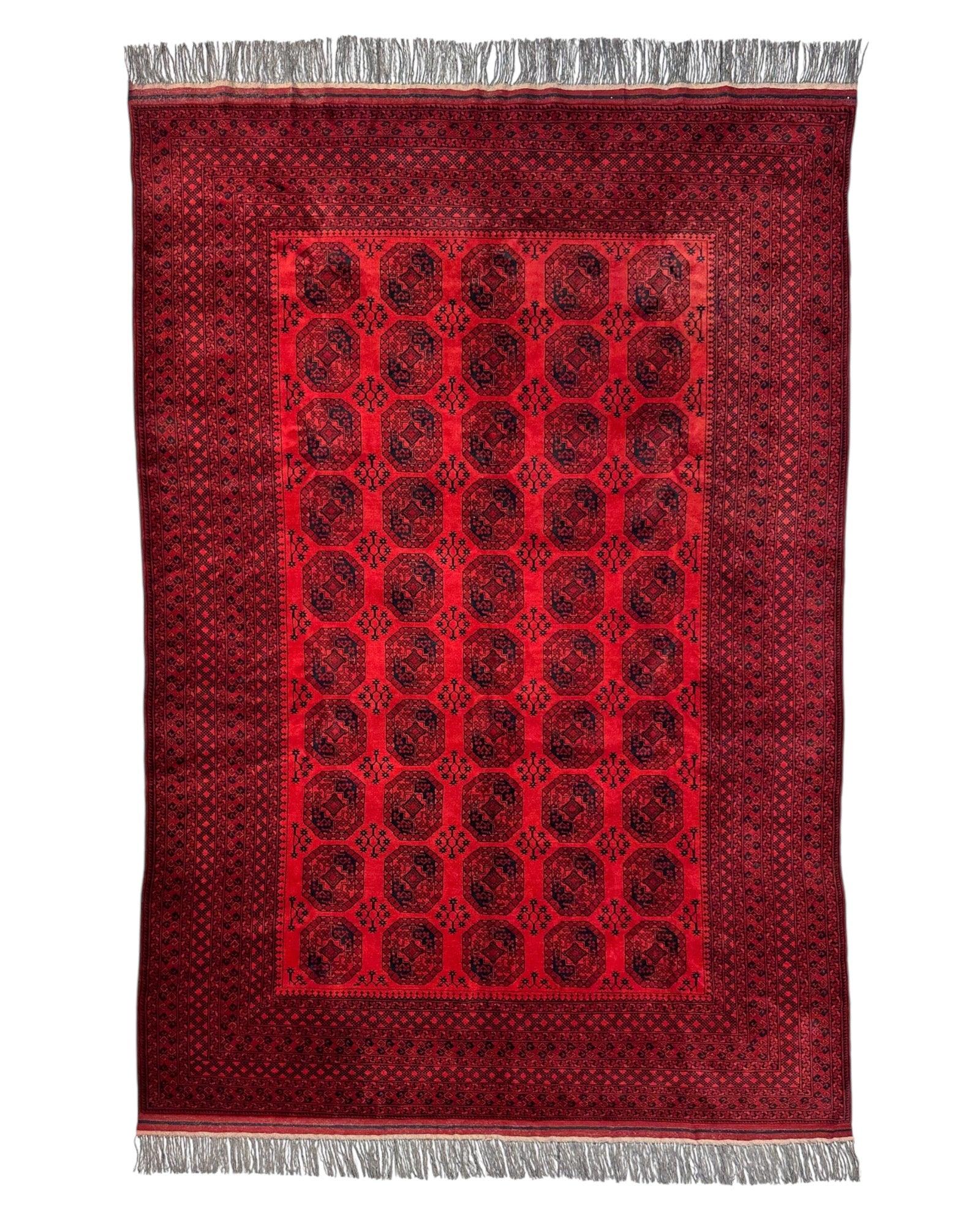 Hand-Knotted Turkoman Ersari Wool Rug – 6’7” x 9’6” – Rich Red Tones, Geometric Design - Nuvé
