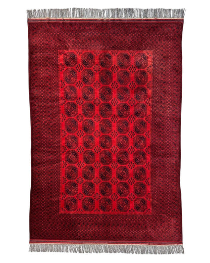 Hand-Knotted Turkoman Ersari Wool Rug – 6’7” x 9’6” – Rich Red Tones, Geometric Design - Nuvé