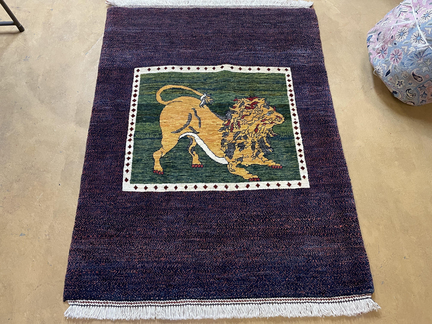 3 X 5 Handmade Rug Zagros Mountain Wool Tribal Rug Lion Purple Green Pictorial - Nuvé