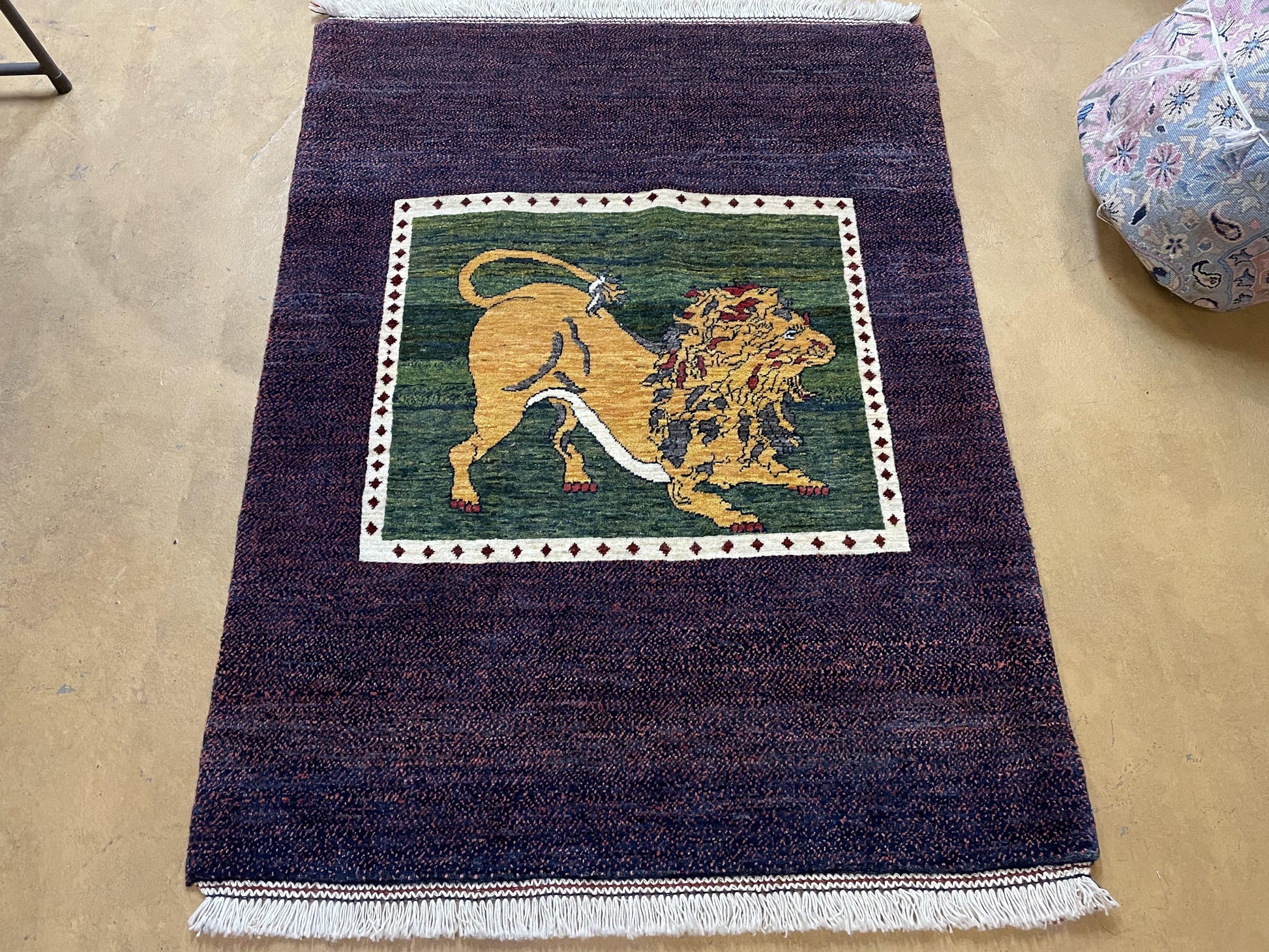 3 X 5 Handmade Rug Zagros Mountain Wool Tribal Rug Lion Purple Green Pictorial - Nuvé