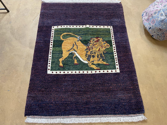 3 X 5 Handmade Rug Zagros Mountain Wool Tribal Rug Lion Purple Green Pictorial - Nuvé
