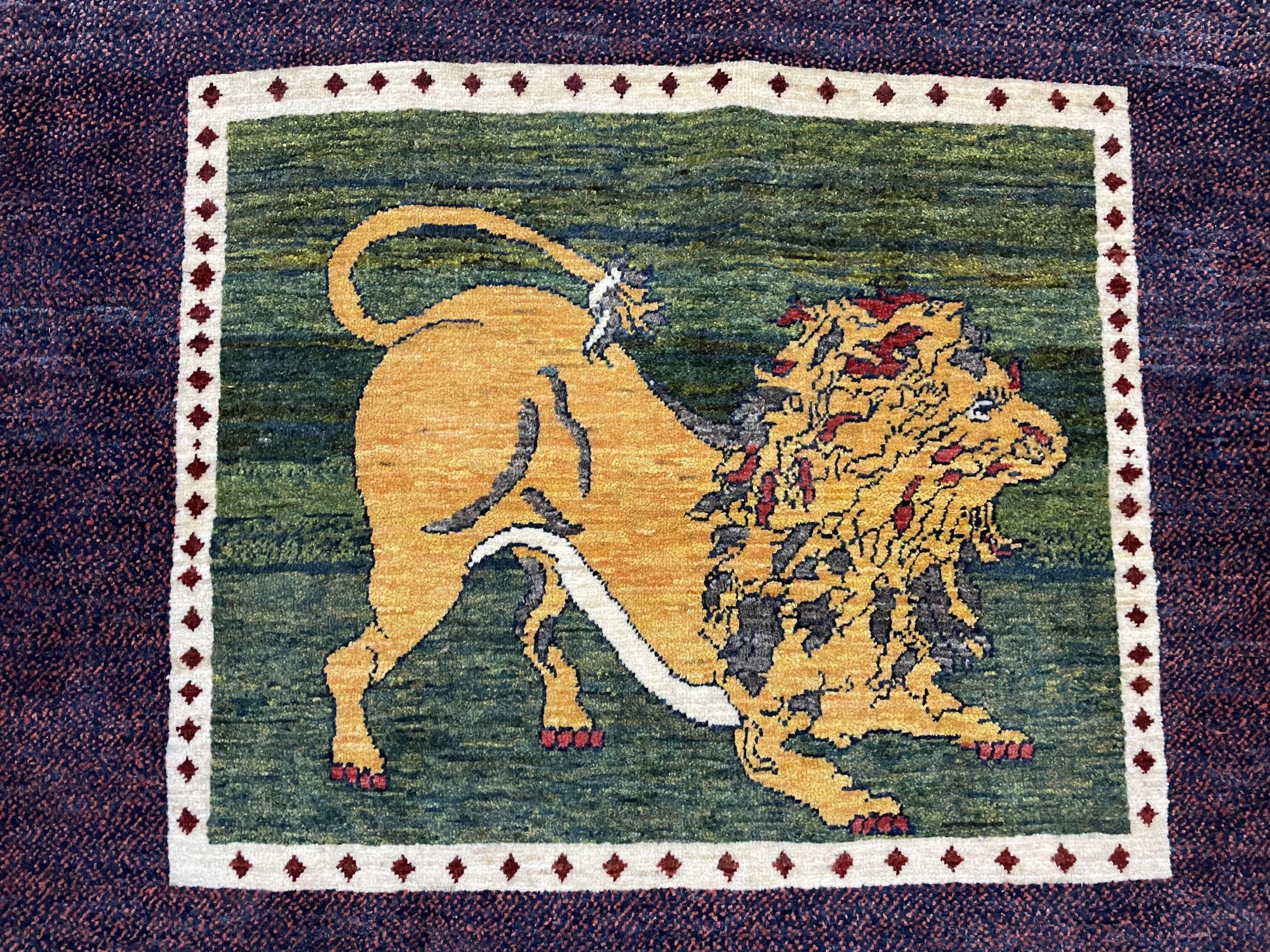 3 X 5 Handmade Rug Zagros Mountain Wool Tribal Rug Lion Purple Green Pictorial - Nuvé