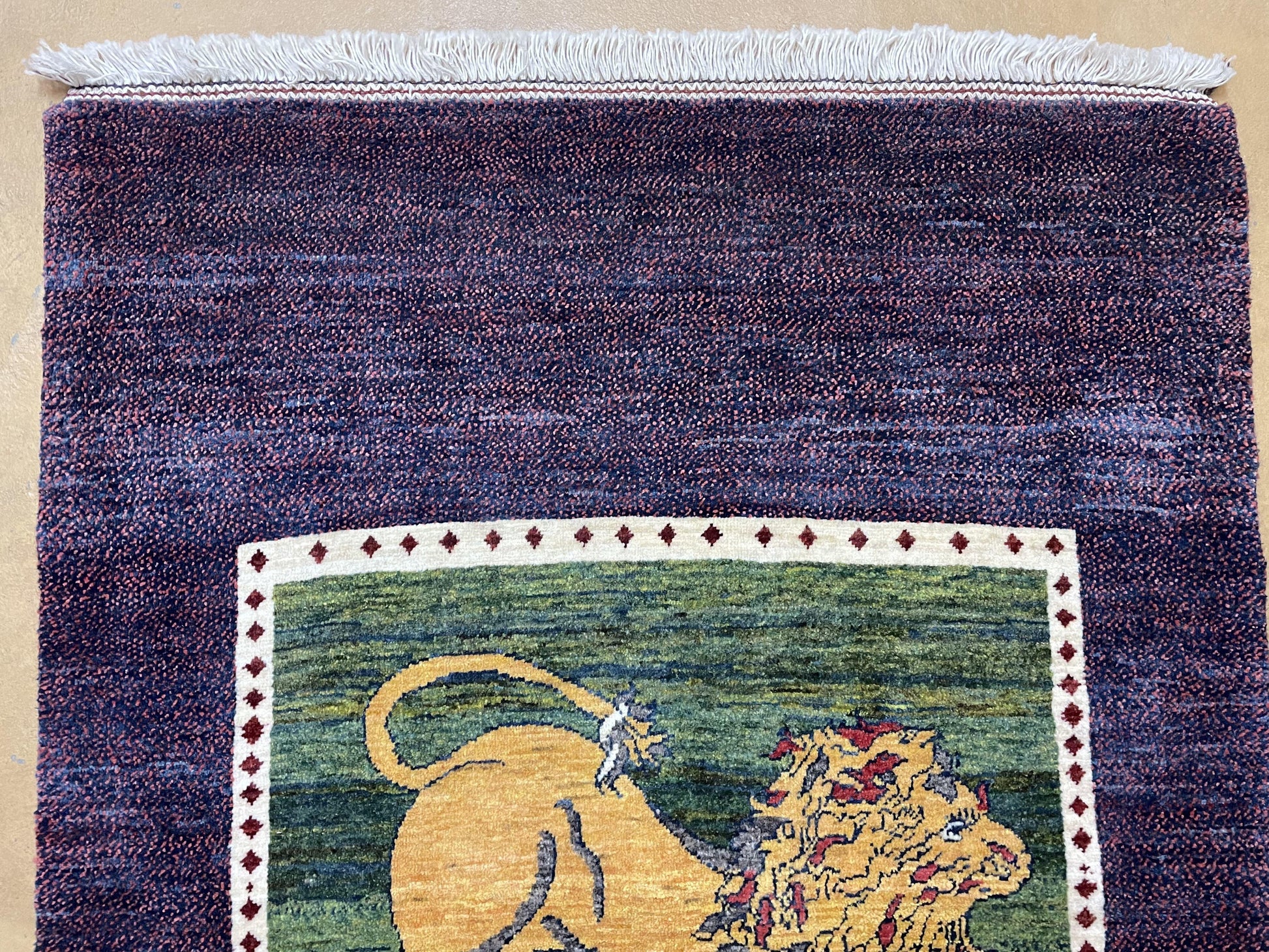 3 X 5 Handmade Rug Zagros Mountain Wool Tribal Rug Lion Purple Green Pictorial - Nuvé