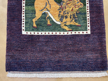 3 X 5 Handmade Rug Zagros Mountain Wool Tribal Rug Lion Purple Green Pictorial - Nuvé