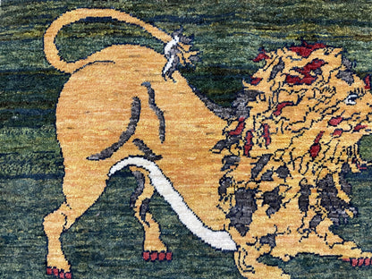 3 X 5 Handmade Rug Zagros Mountain Wool Tribal Rug Lion Purple Green Pictorial - Nuvé
