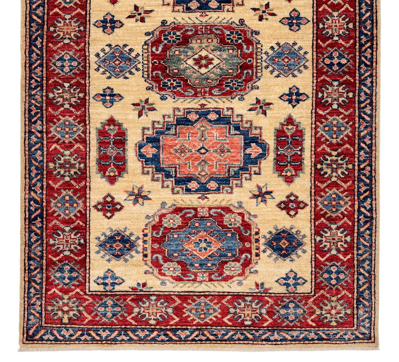 Kirishian Rugs Super Kazak ivory and red area rug, 3'01" x 5'00", featuring traditional geometric patterns and rich colors.