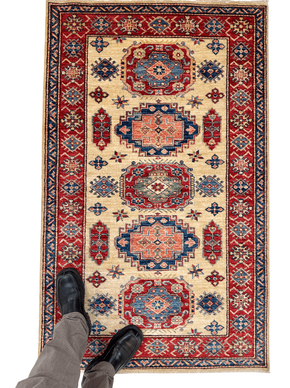 Kirishian Rugs Super Kazak 3'01"x5'00" ivory and red woven area rug with traditional geometric patterns.