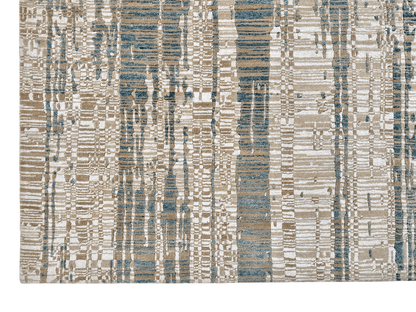 Kirishian Rugs OneKind contemporary wool and bamboo area rug in gold, ivory, and teal, 8x10 feet, with intricate patterns and soft texture.