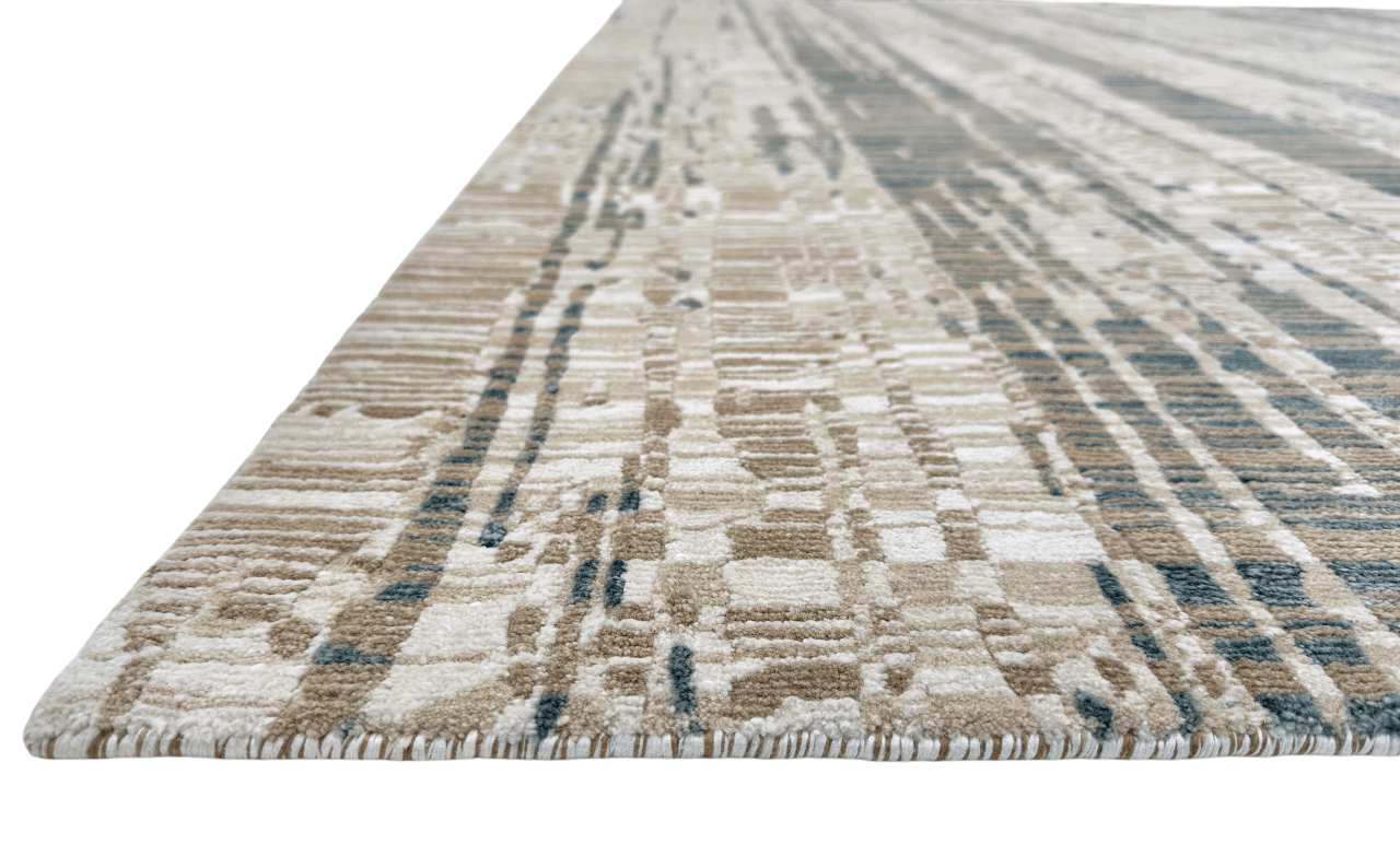 Contemporary Kirishian Rugs OneKind wool and bamboo rug in gold, ivory, and teal, 8x10 feet, with intricate geometric patterns.