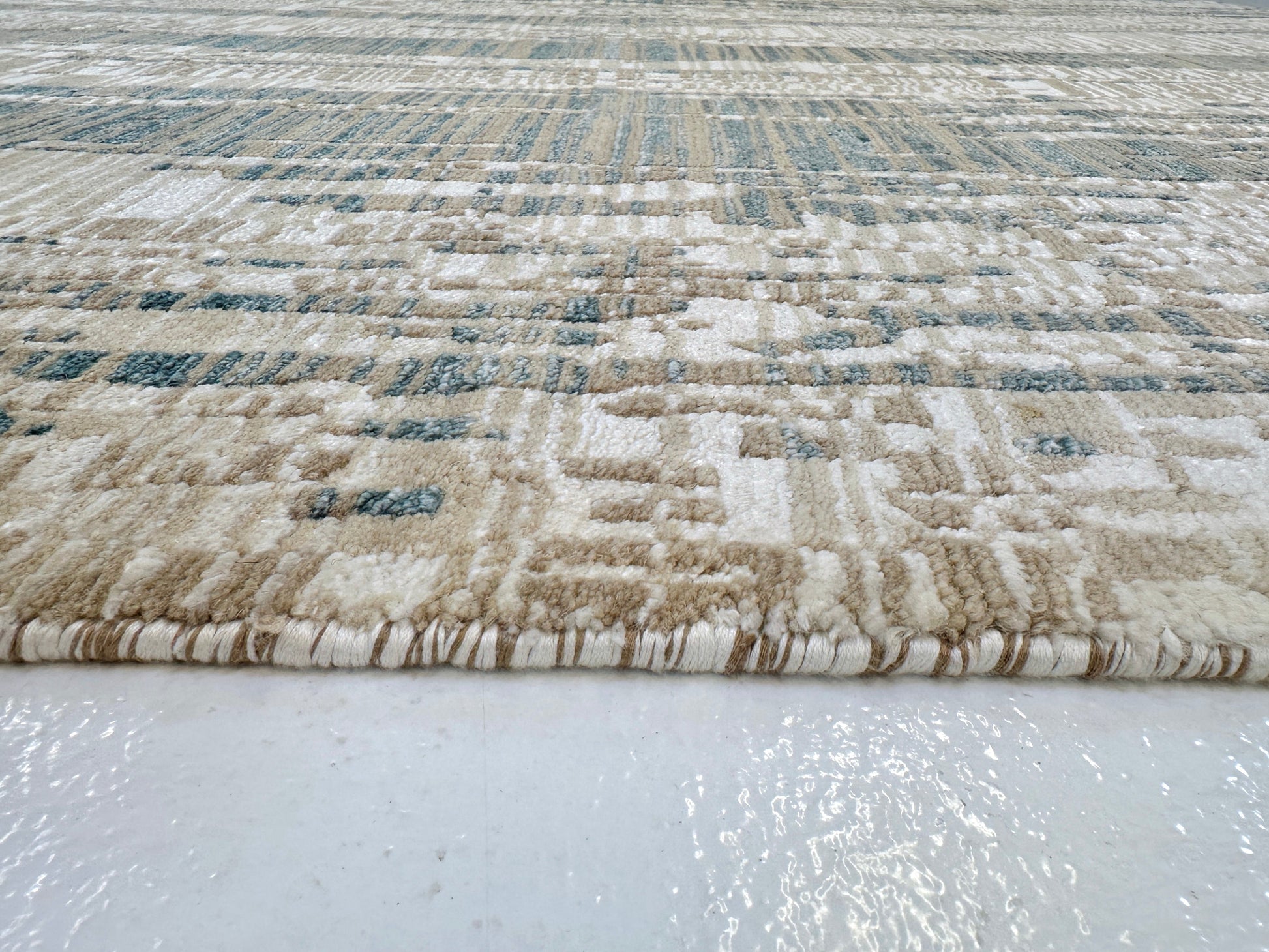 Kirishian Rugs OneKind contemporary wool and bamboo area rug in gold, ivory, and teal with geometric patterns, 8x10 feet size.