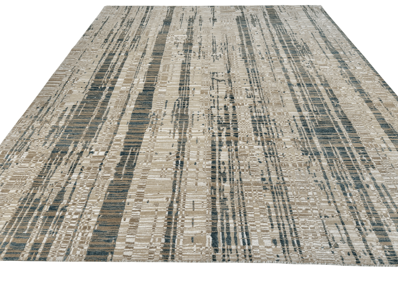 Contemporary Kirishian Rugs OneKind wool and bamboo rug in gold, ivory, and teal with intricate pattern, 8x10 feet size.