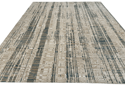 Contemporary Kirishian Rugs OneKind wool and bamboo rug in gold, ivory, and teal with intricate pattern, 8x10 feet size.