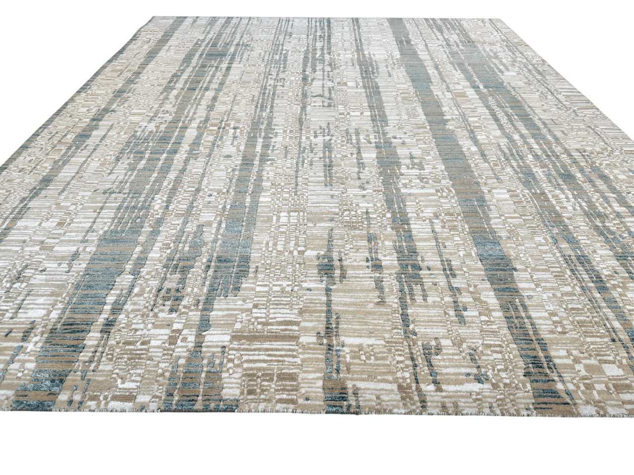 Kirishian Rugs OneKind contemporary wool and bamboo rug in gold, ivory, and teal, measuring 8x10 feet, with intricate pattern details.