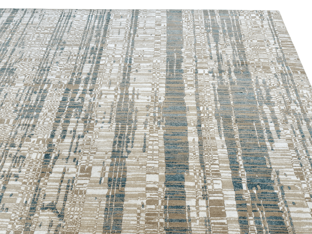 Contemporary wool and bamboo area rug by Kirishian Rugs, 8x10 feet, gold, ivory, and teal with intricate geometric patterns.
