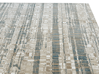 Contemporary wool and bamboo area rug by Kirishian Rugs, 8x10 feet, gold, ivory, and teal with intricate geometric patterns.