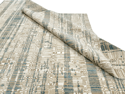 Contemporary Kirishian Rugs Wool and Bamboo Area Rug in gold, ivory, and teal, 8x10 feet, with intricate pattern and soft texture.