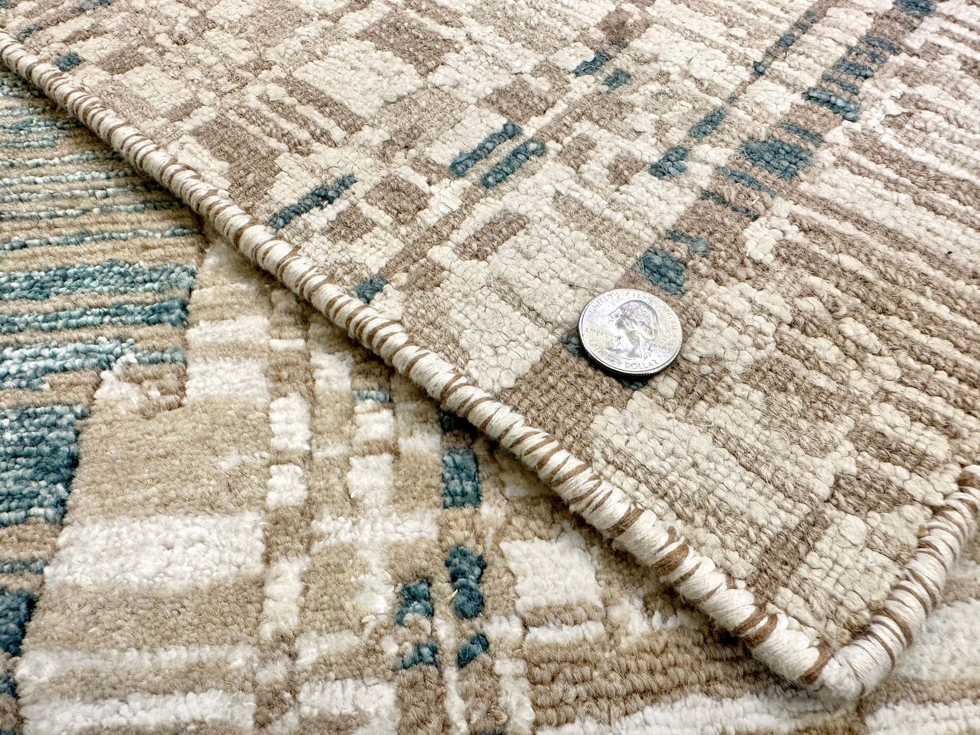 Contemporary Kirishian Rugs OneKind wool and bamboo rug in gold, ivory, and teal, 8x10 feet, with intricate patterns and vibrant colors.