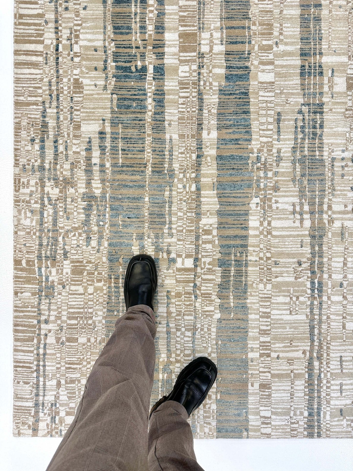 Contemporary Kirishian Rugs Wool and Bamboo Area Rug, 8x10 feet, gold, ivory, and teal colors with intricate patterns.