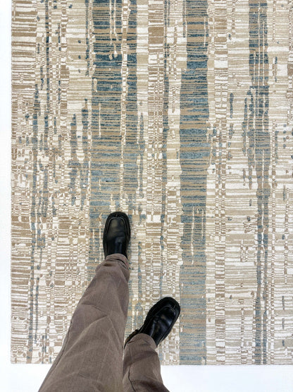 Contemporary Kirishian Rugs Wool and Bamboo Area Rug, 8x10 feet, gold, ivory, and teal colors with intricate patterns.