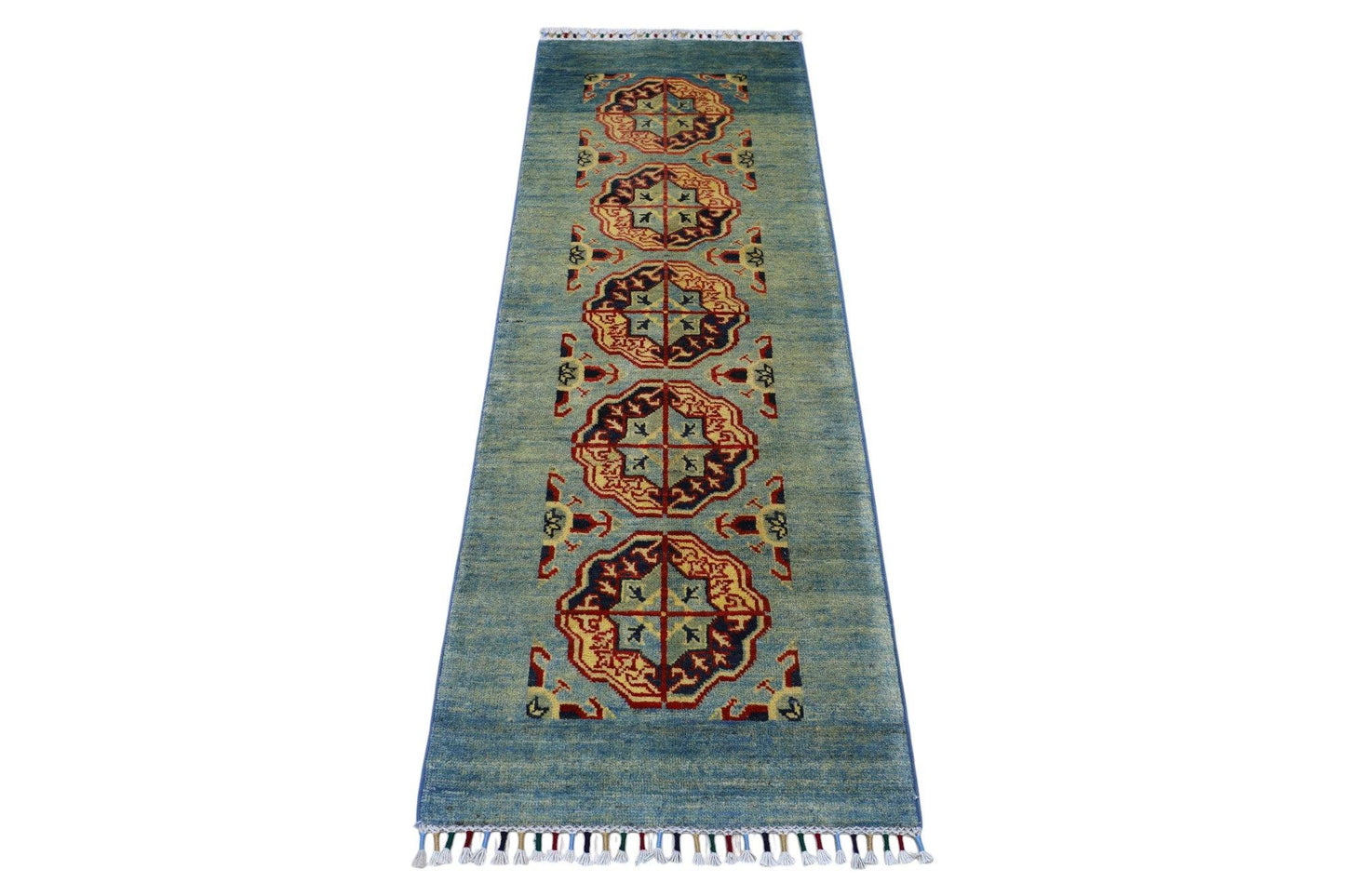 Hand-Knotted Kazak Afghani Wool Rug I Green 2' x 5'7" - Nuvé