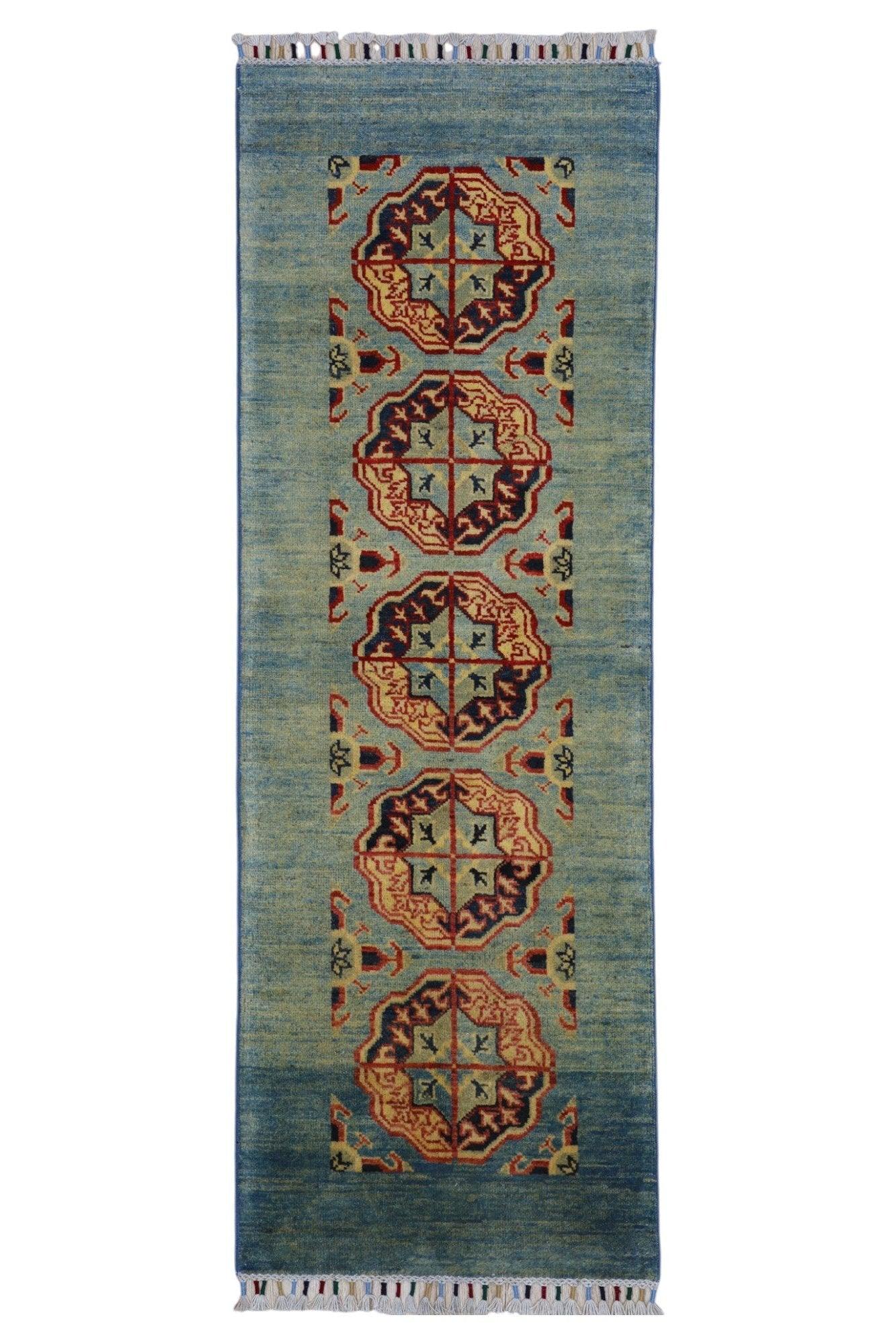 Hand-Knotted Kazak Afghani Wool Rug I Green 2' x 5'7" - Nuvé