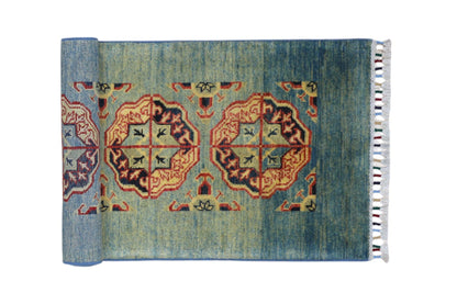 Hand-Knotted Kazak Afghani Wool Rug I Green 2' x 5'7" - Nuvé