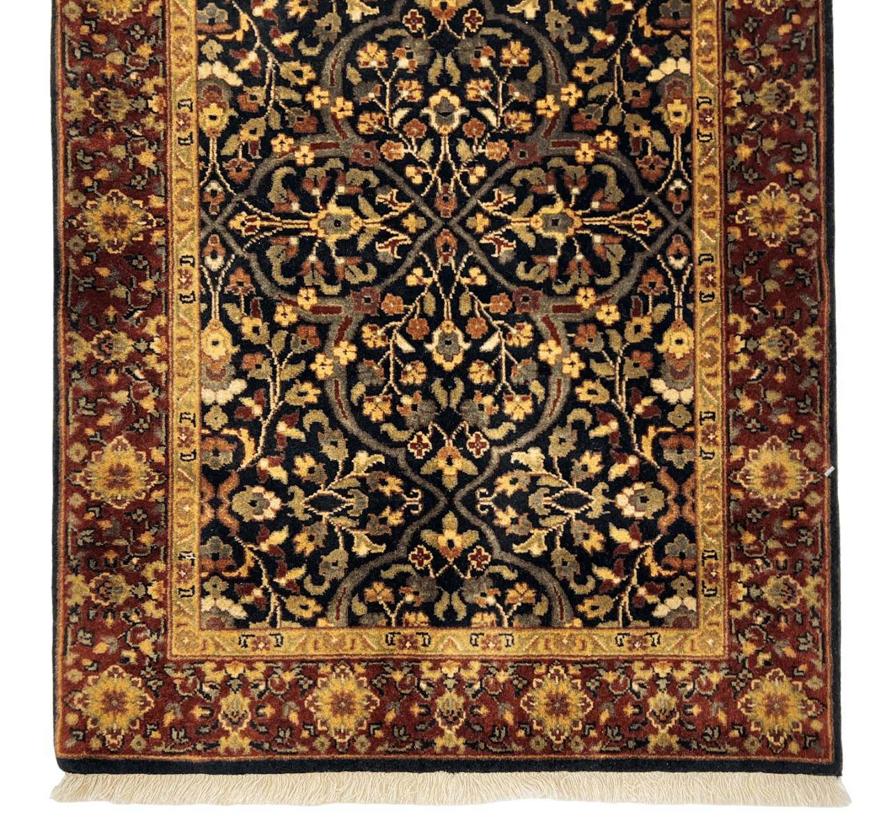 Kirishian Rugs IndoFarahan black and rust 2x3 one-of-a-kind woven rug displayed on a neutral background