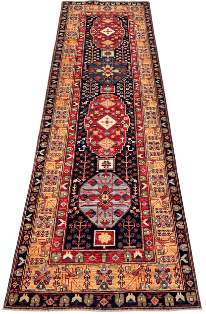 Afghan Heriz (3'x10' Runner) navy/gold/red