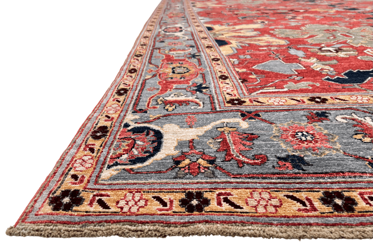 Afghan Heriz rug by Kirishian Rugs, 9'07" x 13'09", light red and light blue geometric pattern, detailed traditional design.